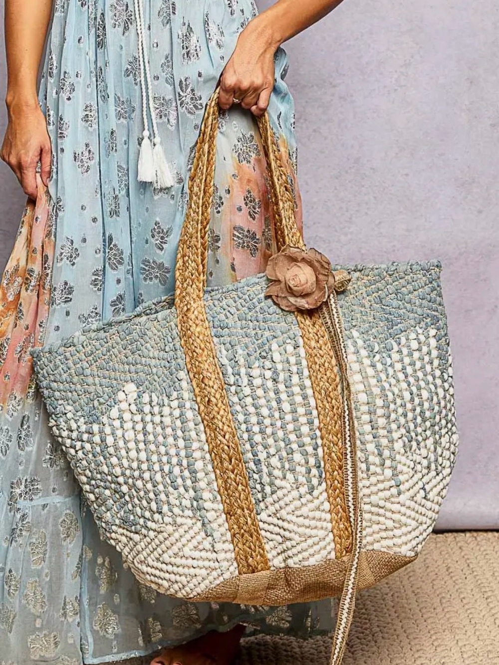POL blue Kantha quilted woven denim dotted embroidered Large boho tote bag
